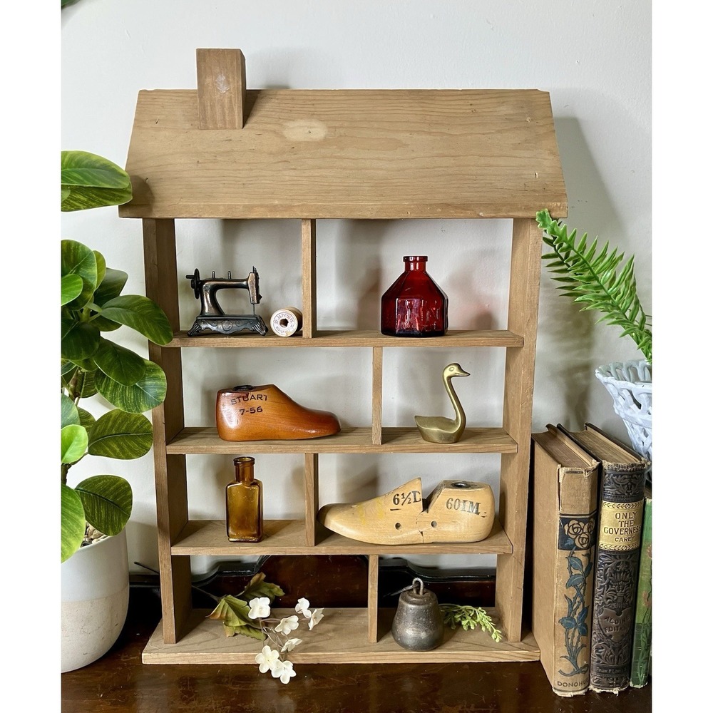 Vintage Wooden Trinket Shelf House Shaped Knick Knack Miniatures Display Cottage